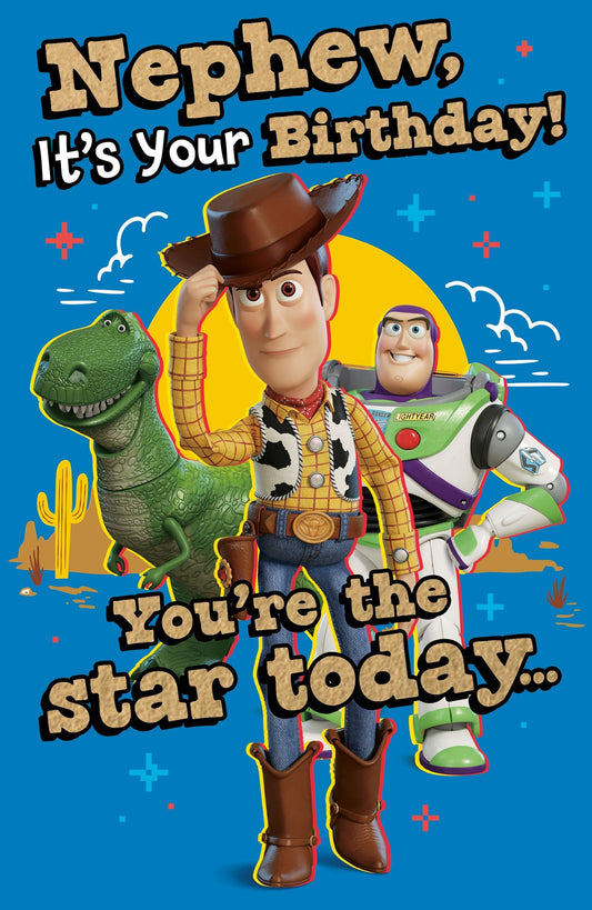 Made To Be Treasured Disney Pixar Toy Story birthday card for a nephew featuring Woody, Buzz Lightyear, and Rex.