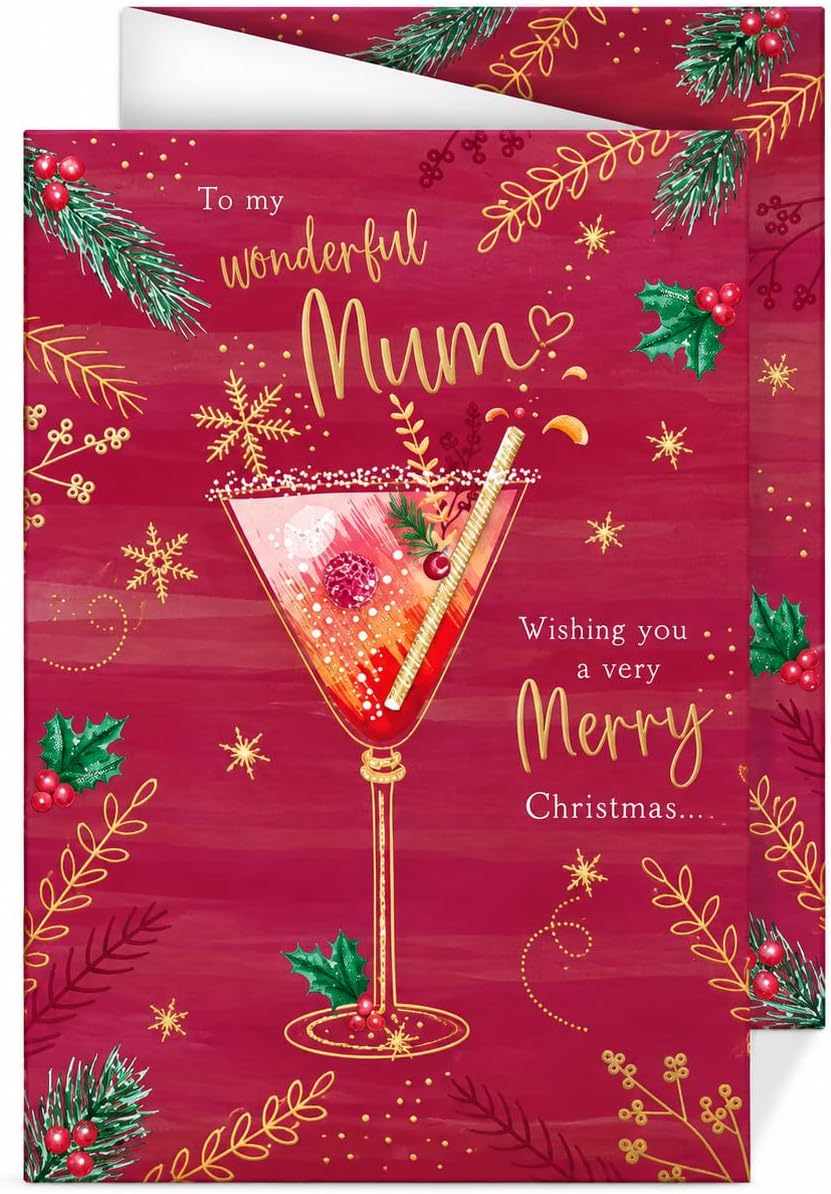 Red Otter House Christmas card for Mum with cocktail holly and gold lettering