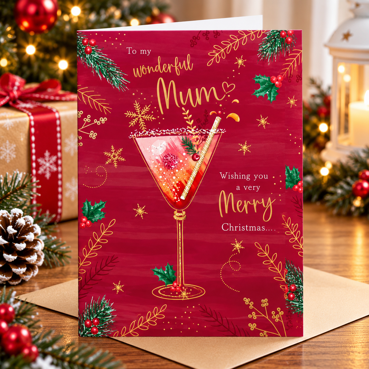 Otter House wonderful Mum Christmas card displayed in a festive home setting