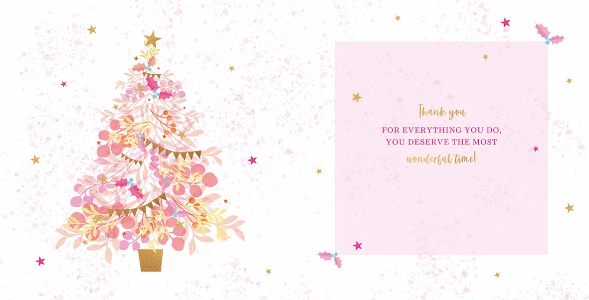 Inside of Amazing Mum Christmas card with thank you message and illustrated Christmas tree