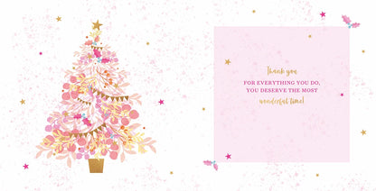 Inside of Amazing Mum Christmas card with thank you message and illustrated Christmas tree