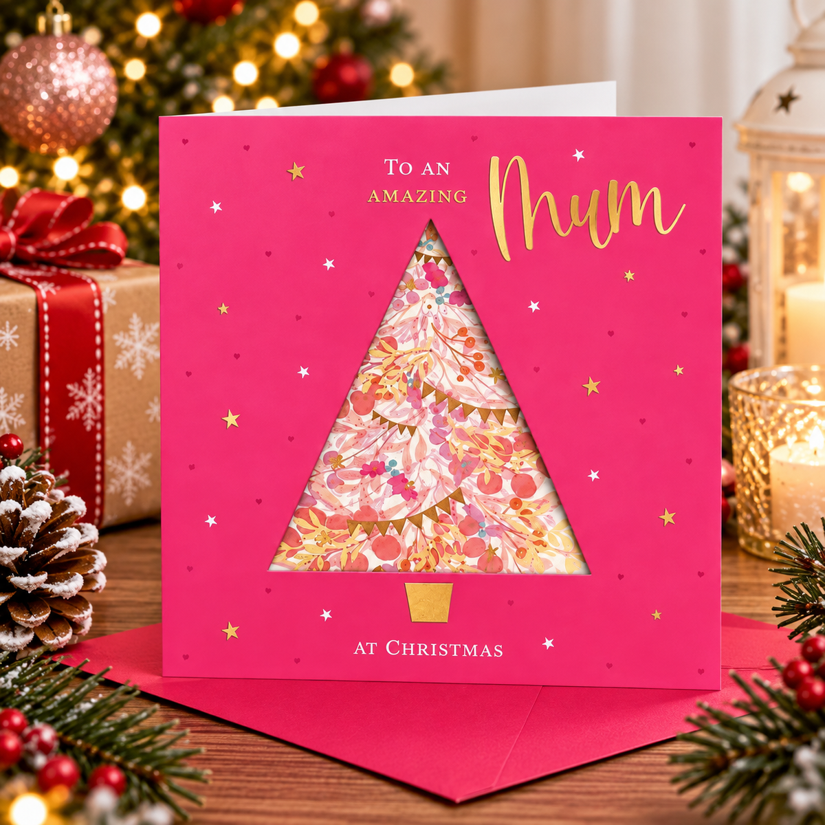 Amazing Mum Christmas card by Otter House styled with festive decorations