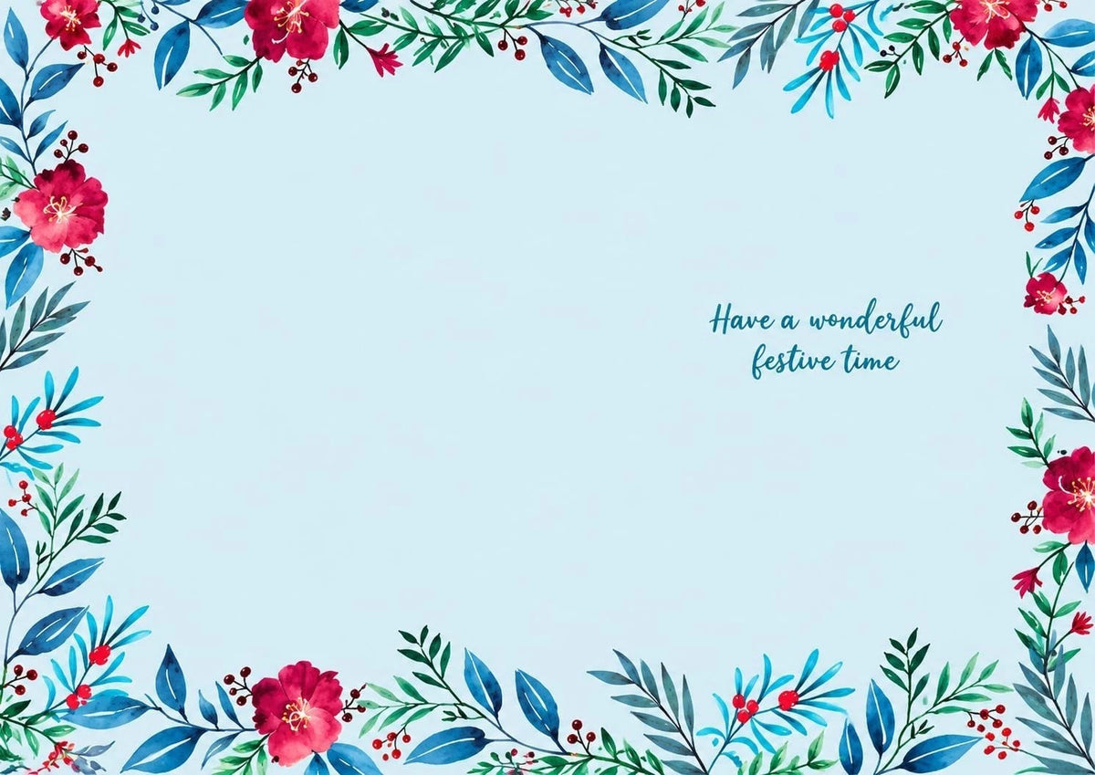 Inside of Otter House To You Both Christmas card with floral border and Have a wonderful festive time message