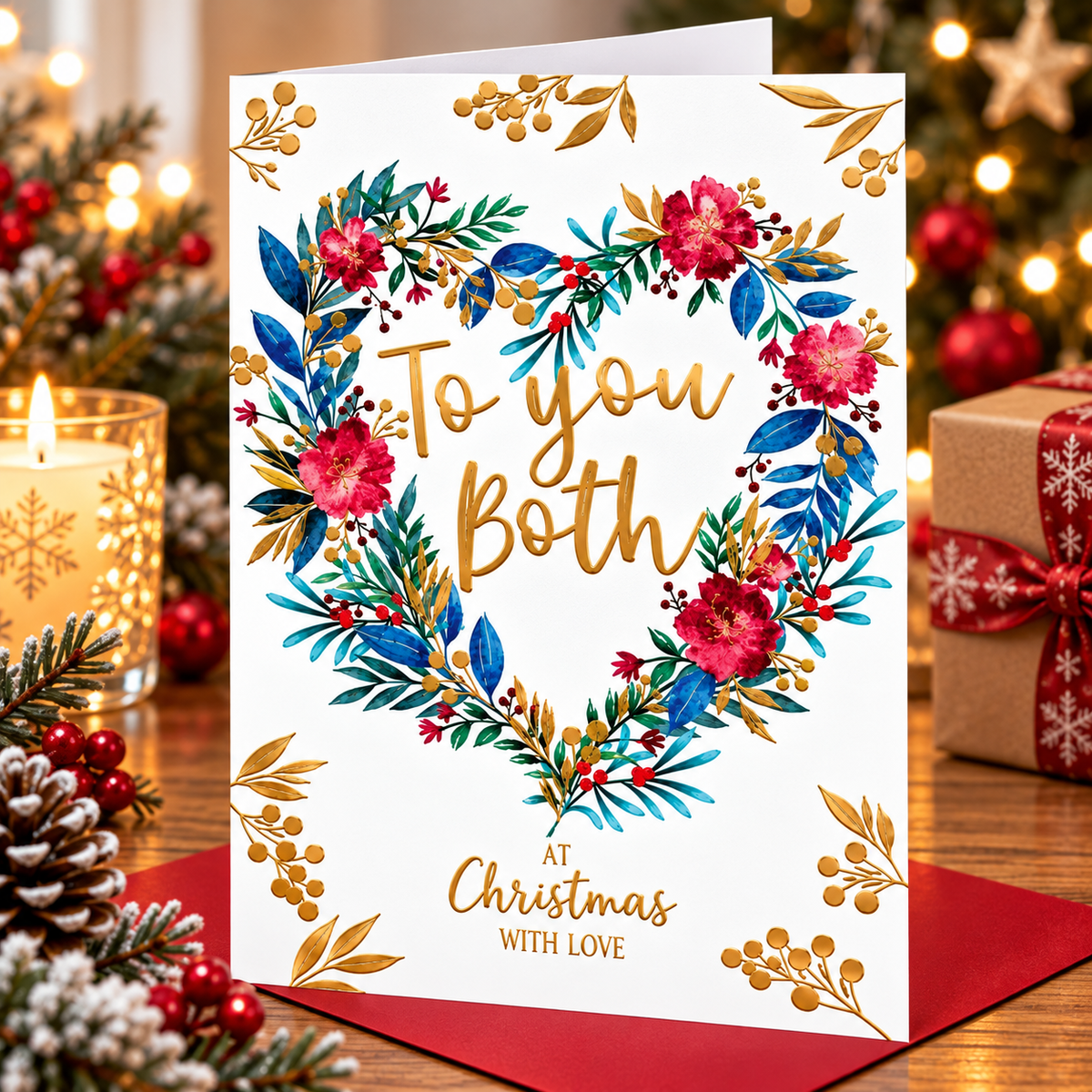 Otter House To You Both Christmas card with floral heart displayed in cosy festive setting