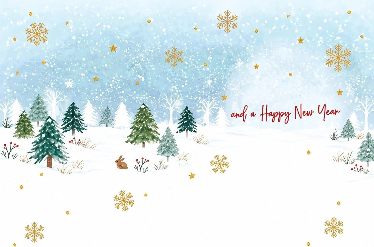 Inside greeting and a Happy New Year on snowy woodland illustration
