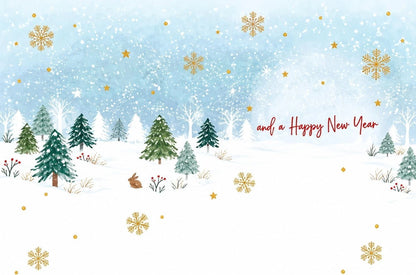 Inside greeting and a Happy New Year on snowy woodland illustration