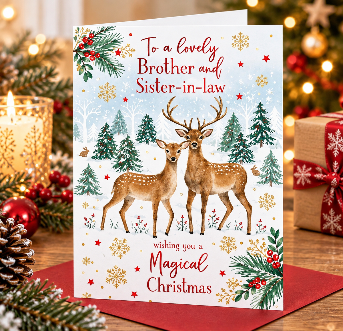Otter House Brother and Sister-in-law Christmas card displayed with Christmas candle, pinecones and gifts