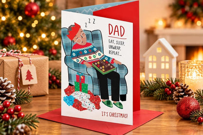 Front of Otter House Dad Eat Sleep Unwrap Repeat Christmas card