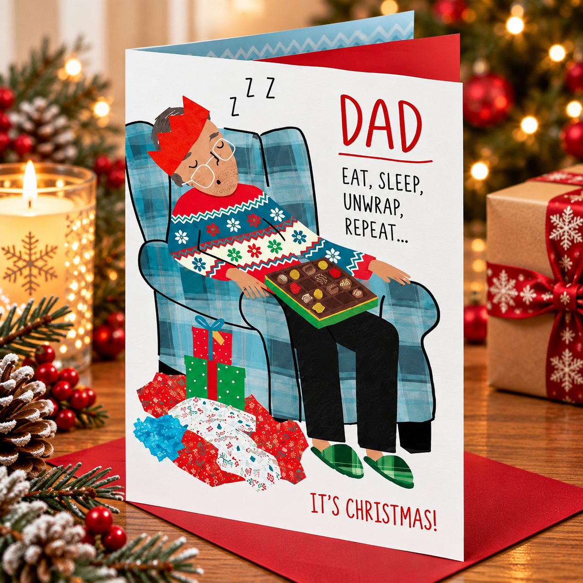 Otter House Dad Christmas card with sleeping dad in armchair displayed in a festive setting