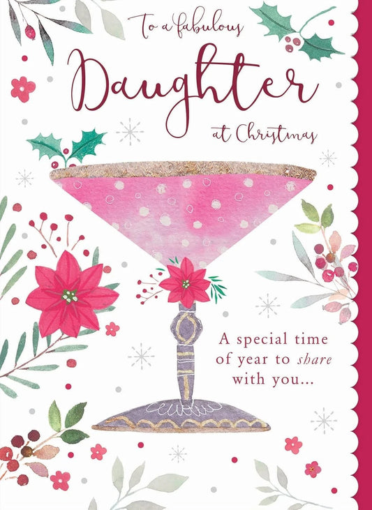 Front of Otter House Daughter Christmas card with pink cocktail, holly and flowers