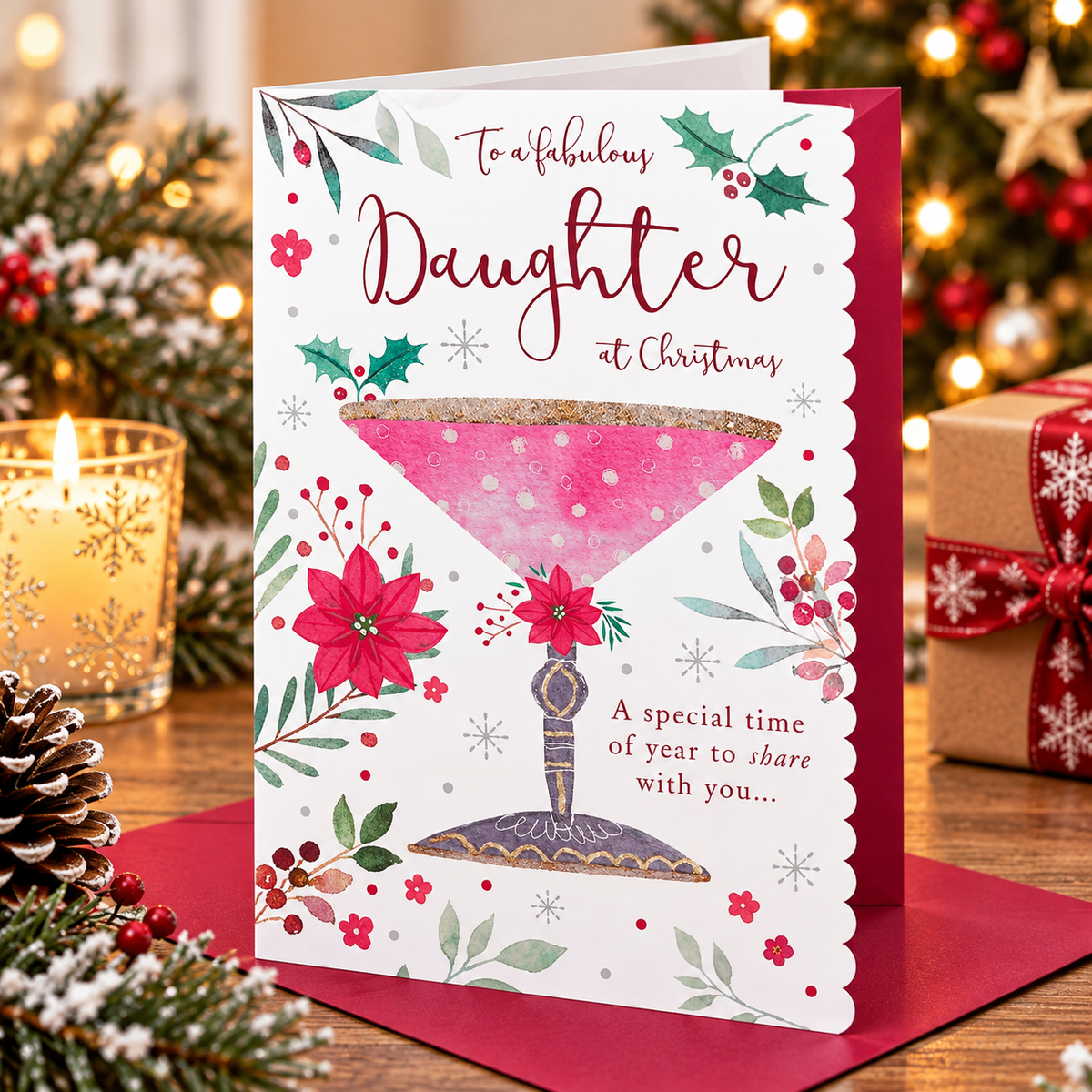 Otter House Fabulous Daughter Christmas card with pink cocktail on festive tabletop