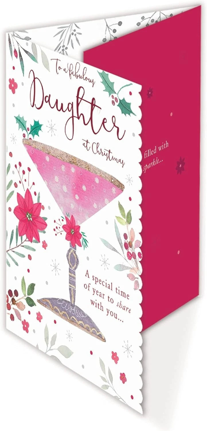 Open Otter House Daughter Christmas card showing magenta interior and floral front