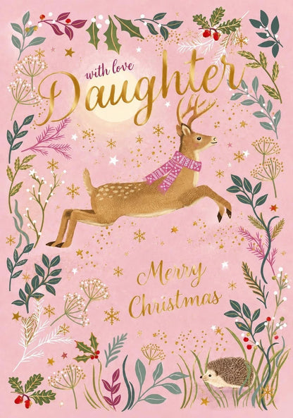 Front of pink Otter House Daughter Christmas card with leaping deer, hedgehog and gold lettering