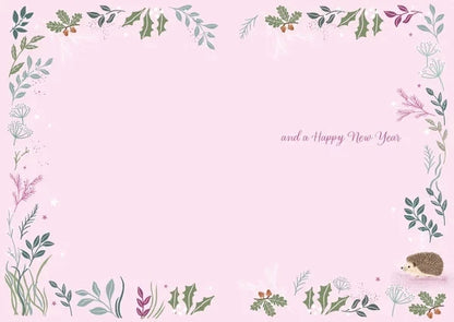 Inside of Otter House Daughter Christmas card with pink botanical border and Happy New Year message