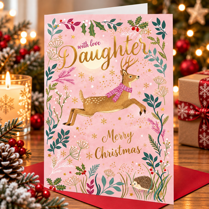 Otter House Daughter Christmas card with leaping deer displayed beside festive candle and gifts