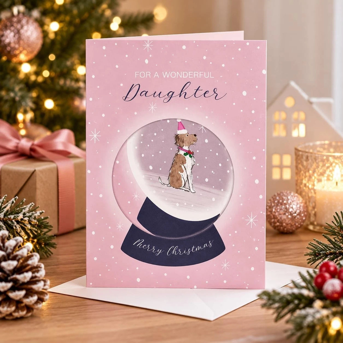 Pink Otter House For a Wonderful Daughter Merry Christmas greeting card with dog snow globe