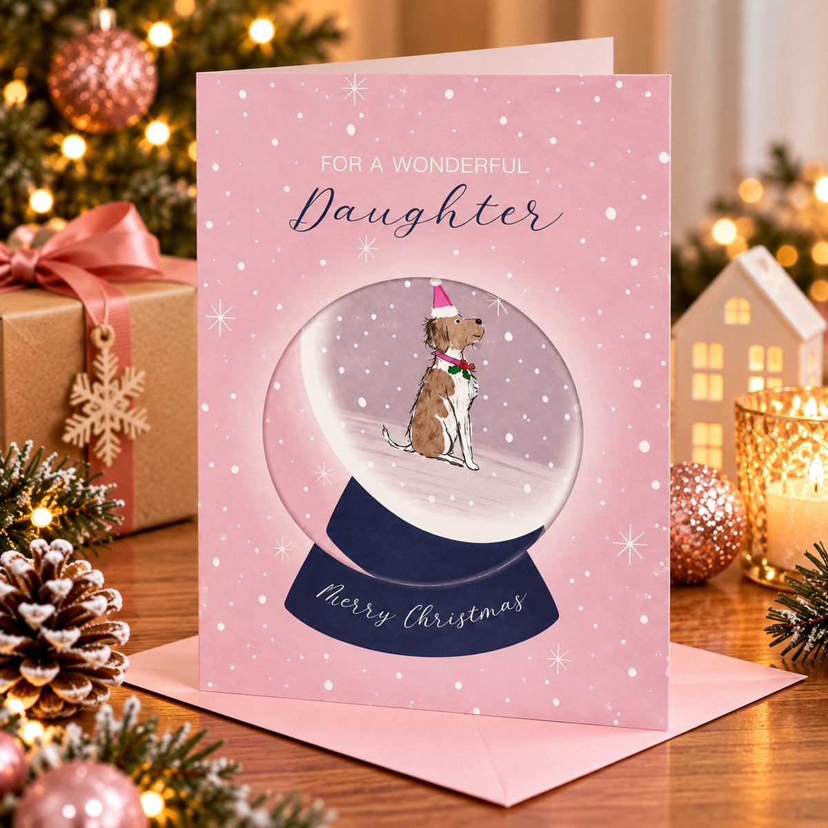 Otter House Daughter Christmas card with dog snow globe displayed in a festive setting