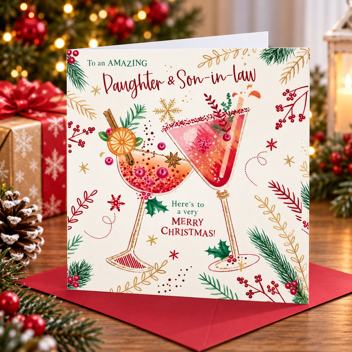 Daughter and Son-in-law Christmas card with festive cocktails displayed on a decorated Christmas table