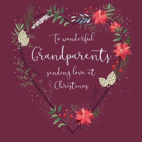 Wonderful Grandparents Christmas card burgundy floral heart front design by Otter House