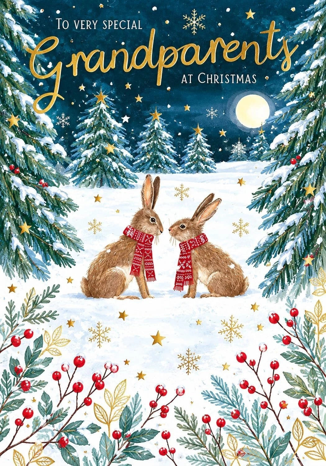 Front of Otter House Very Special Grandparents Christmas card with two rabbits and snowy trees