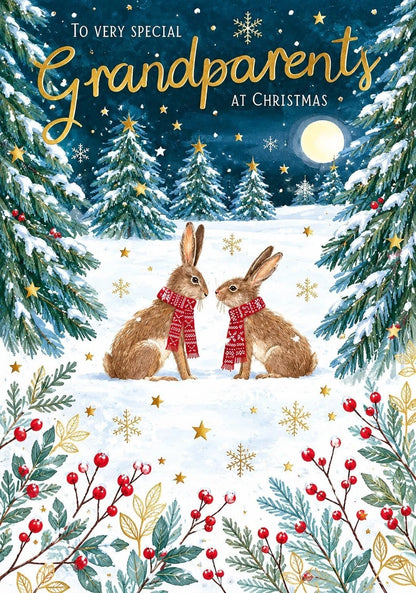Front of Otter House Very Special Grandparents Christmas card with two rabbits and snowy trees