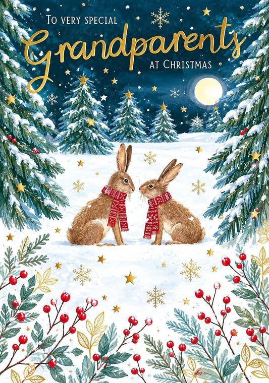 Front of Otter House Very Special Grandparents Christmas card with two rabbits and snowy trees