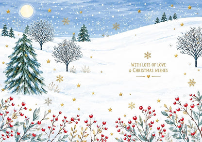 Inside of Otter House Grandparents Christmas card with snowy landscape and printed Christmas wishes