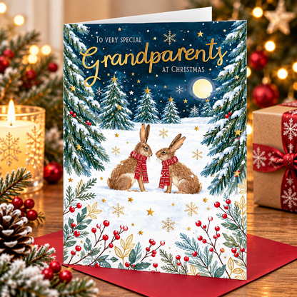 Otter House Grandparents Christmas card with rabbits displayed in cosy festive scene