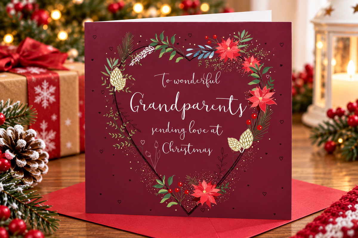 Otter House Grandparents Christmas card displayed with festive presents and lantern