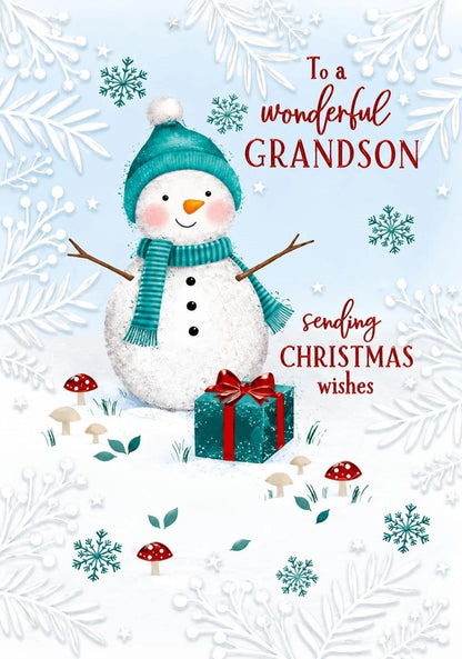 Front of Otter House Wonderful Grandson Christmas card with smiling snowman in teal hat and scarf