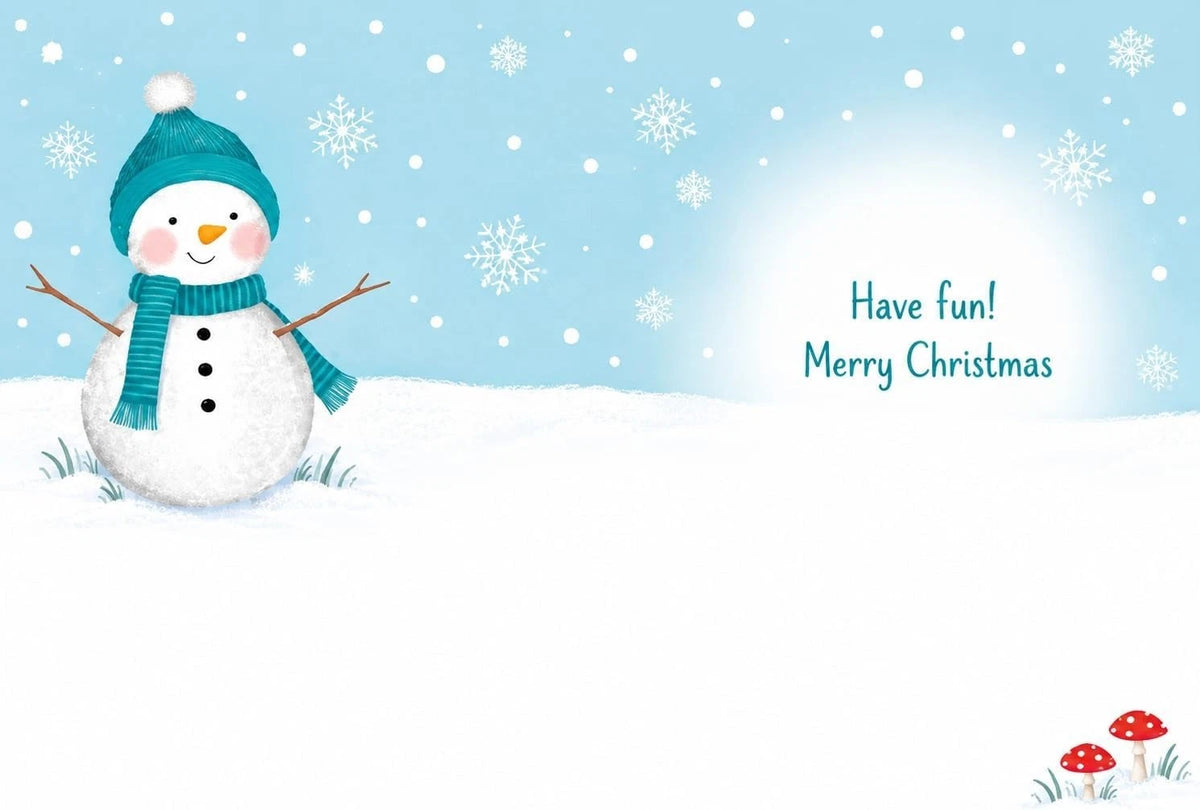Inside of Otter House Grandson Christmas card with snowman and Have fun Merry Christmas message