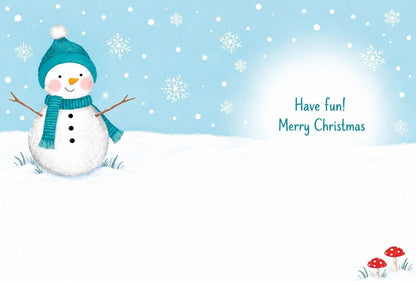Inside of Otter House Grandson Christmas card with snowman and Have fun Merry Christmas message