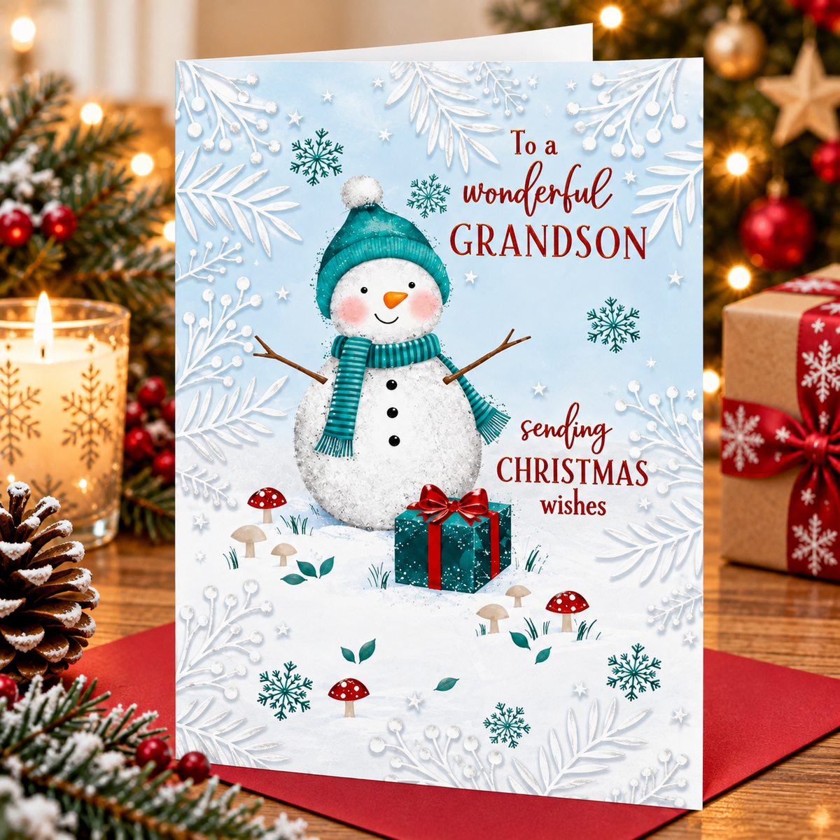 Otter House Wonderful Grandson Christmas card with snowman displayed on festive table