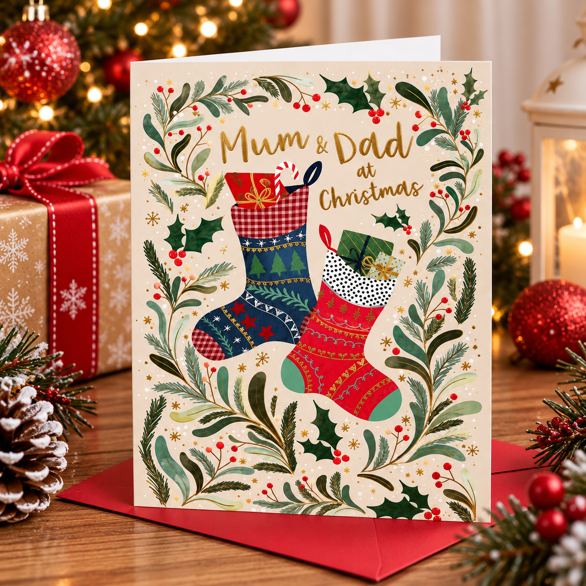 Otter House Mum and Dad Christmas card displayed in a festive home with gifts and holly