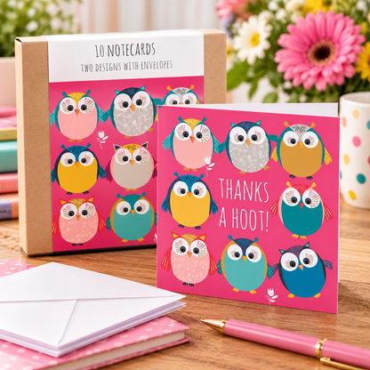 Otter House owl thank you notecards with envelopes and boxed set on a writing desk