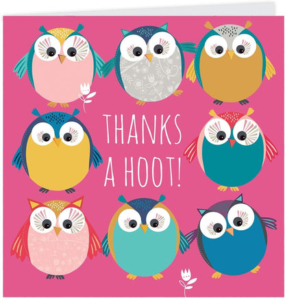 Pink owl thank you notecard with Thanks a Hoot wording by Otter House