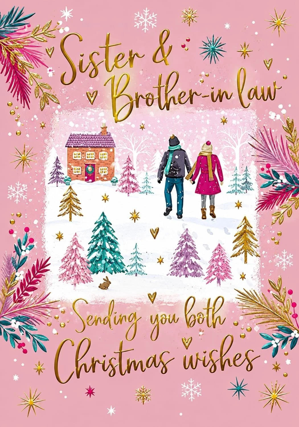 Pink Otter House Sister and Brother-in-law Christmas card with snowy couple and gold text