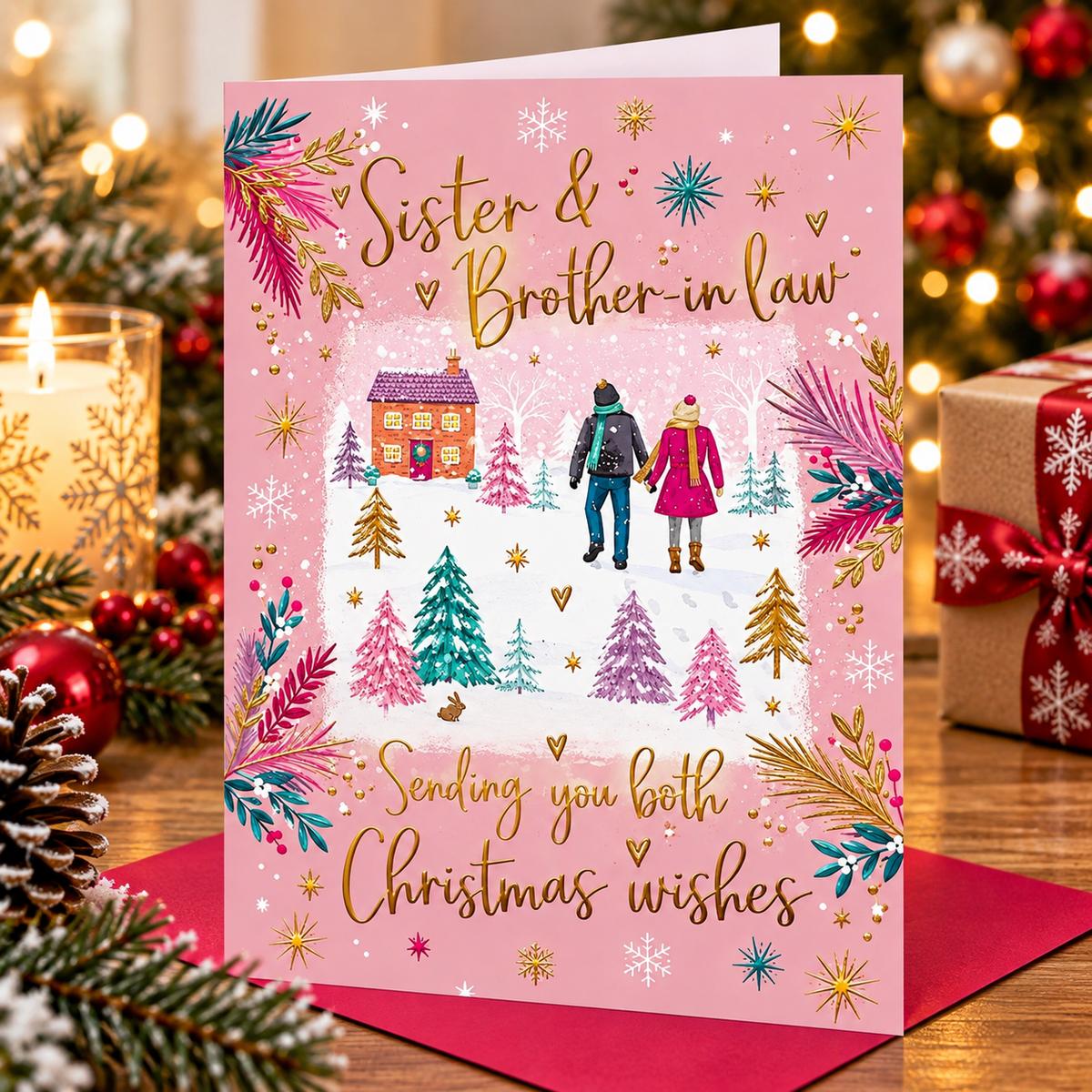Otter House Sister and Brother-in-law Christmas card displayed on festive tabletop