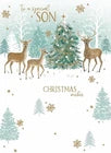 Front of Otter House Special Son Christmas card with deer and snowy Christmas tree