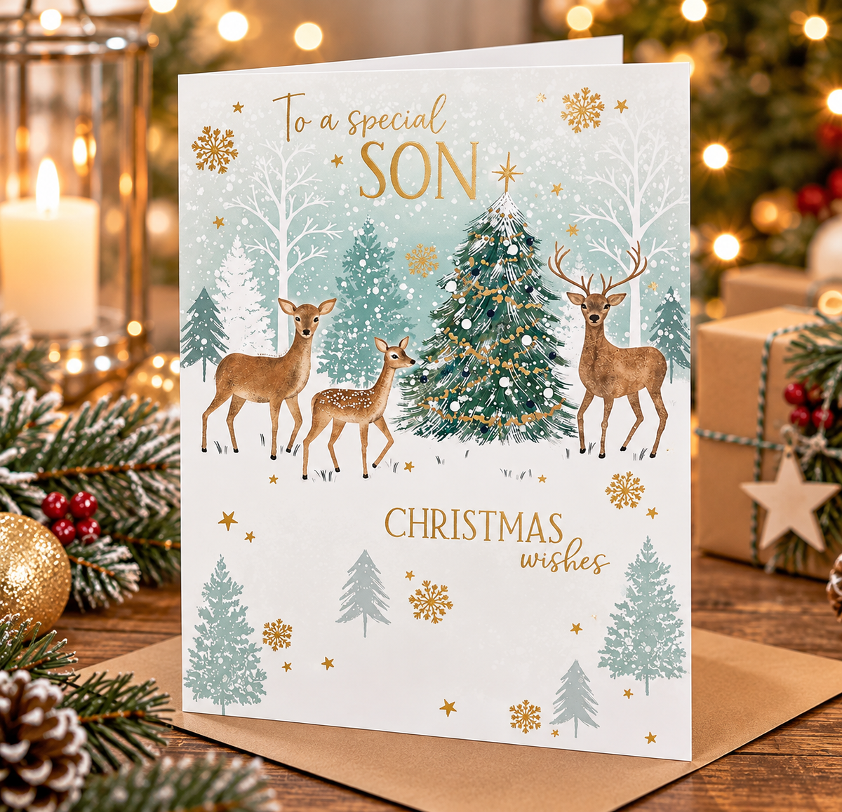 Otter House Special Son Christmas card with deer displayed on festive tabletop