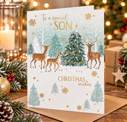 Otter House Special Son Christmas card with deer displayed on festive tabletop