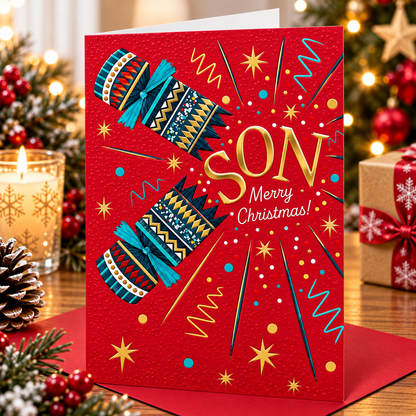 Otter House Son Christmas card with crackers displayed beside festive candle and gifts