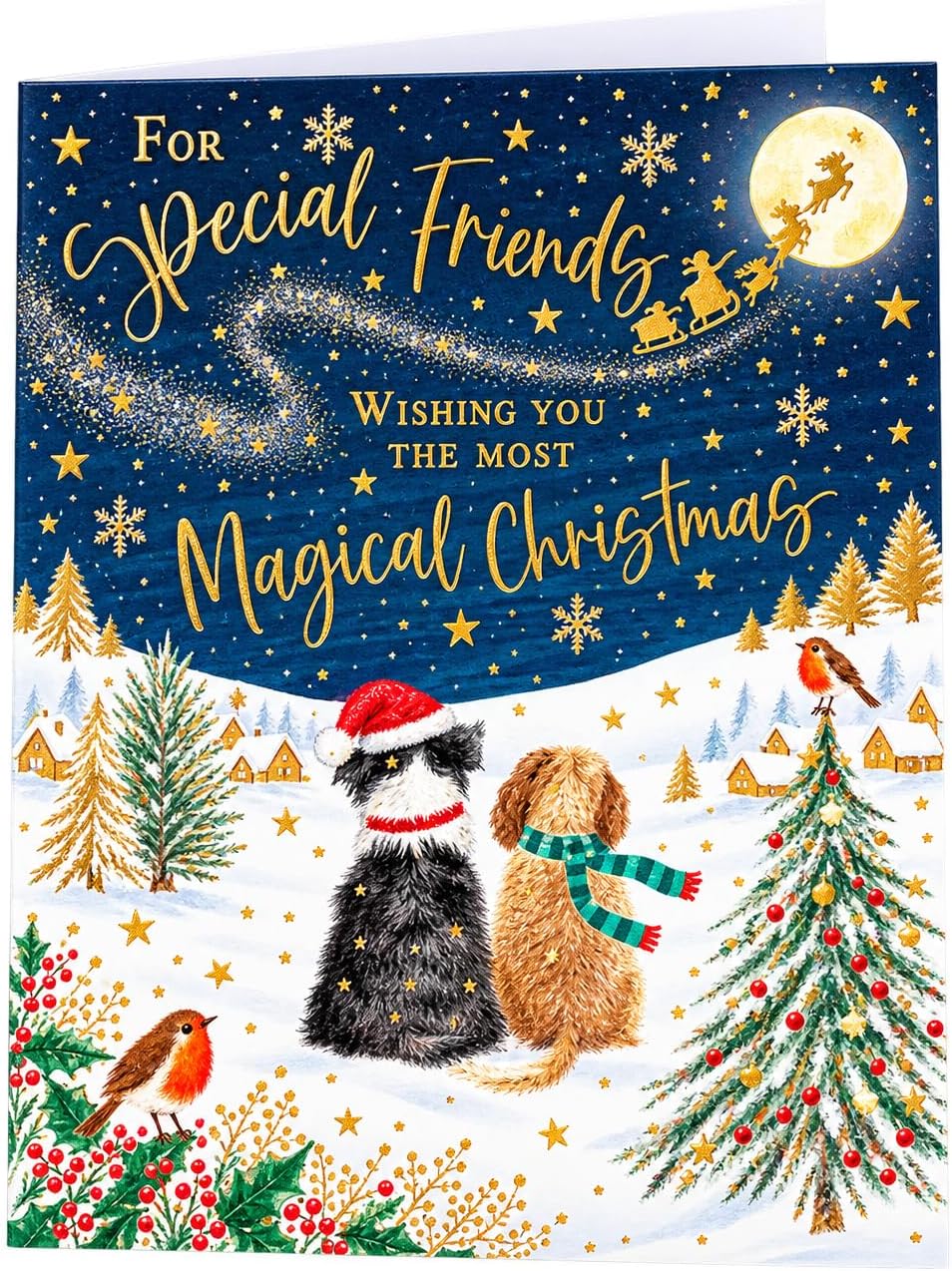 Front of Otter House Special Friends Christmas card showing dogs, gold stars and Christmas tree