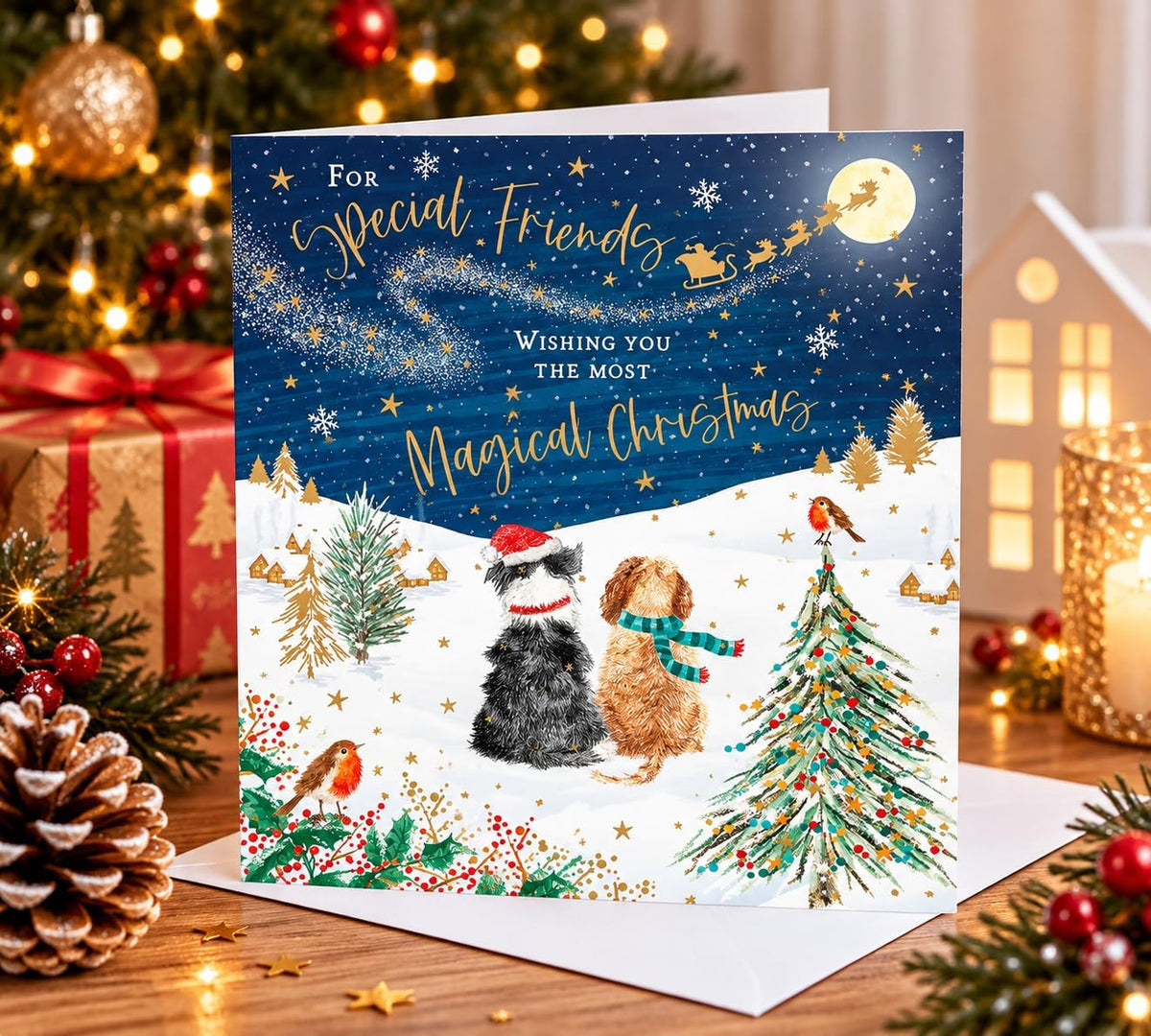 Otter House Special Friends Christmas greeting card styled with envelope and Christmas decorations