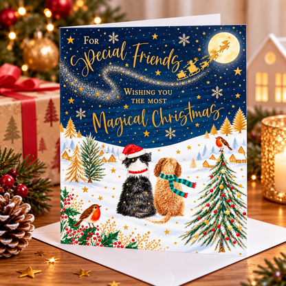 Special Friends magical Christmas card with two dogs displayed in festive living room