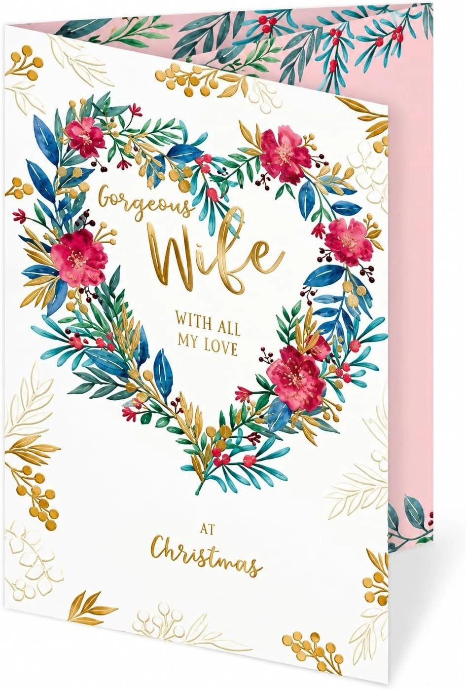 Front of Otter House Gorgeous Wife Christmas card with floral heart and gold lettering