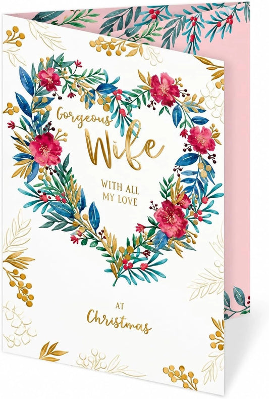 Front of Otter House Gorgeous Wife Christmas card with floral heart and gold lettering