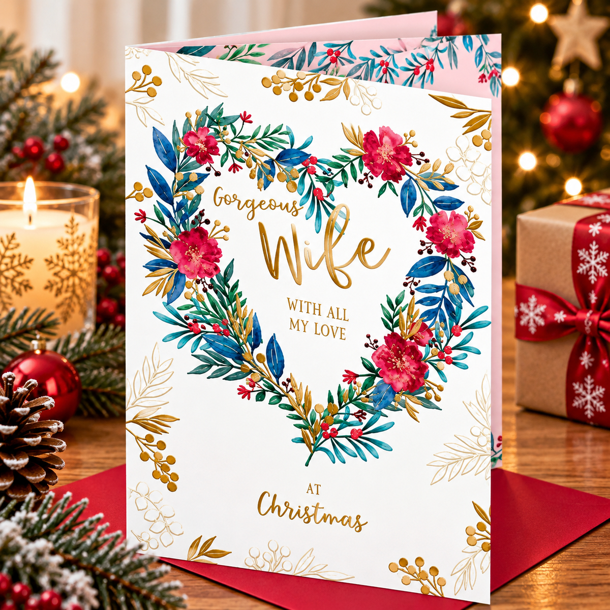 Otter House Gorgeous Wife Christmas card displayed beside festive candle and gift