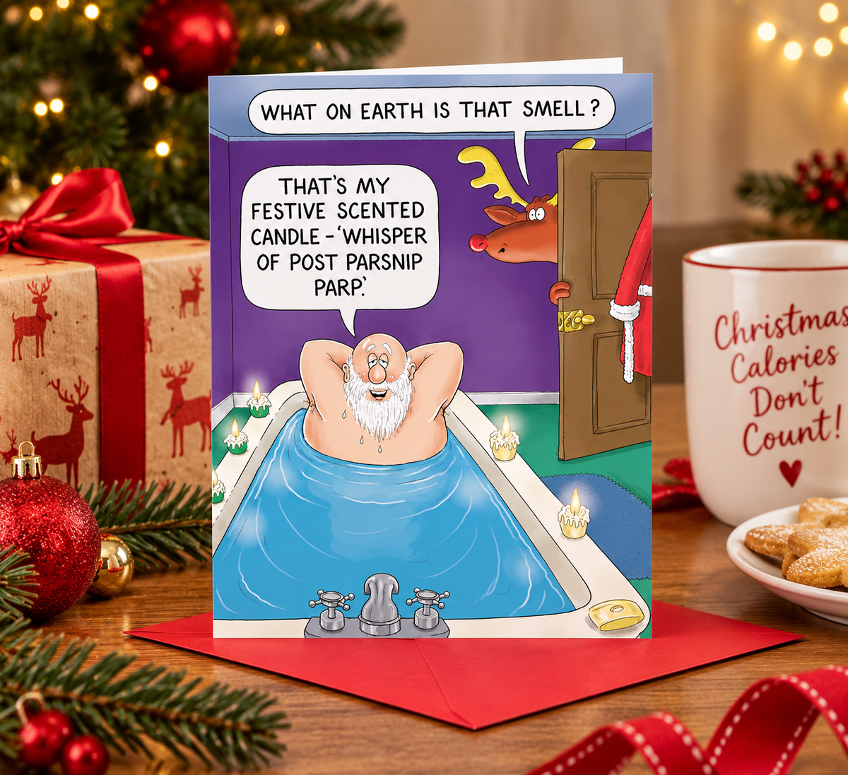Paperlink funny festive scented candle Christmas card in Christmas lifestyle setting
