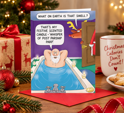 Paperlink funny festive scented candle Christmas card in Christmas lifestyle setting